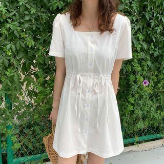 Short-sleeve Tie-waist A-line Dress White - One Size