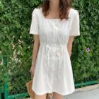 Short-sleeve Tie-waist A-line Dress White - One Size
