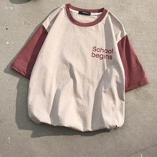 Color Panel Lettering Elbow-sleeve T-shirt