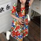 Short-sleeve Flower Print Midi A-line Dress Red & Blue Flowers - White - One Size