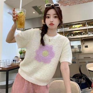 Short-sleeve Flower Print Knit Top Purple Floral - Beige - One Size