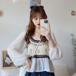 Long-sleeve Floral Embroidered Knit Panel Chiffon Blouse