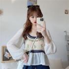 Long-sleeve Floral Embroidered Knit Panel Chiffon Blouse