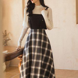 Plaid Panel Midi Overall Dress