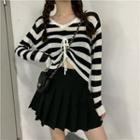 Drawstring Striped Long-sleeve Knit Top