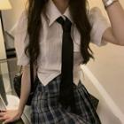 Cropped Blouse / Plaid Pleated Mini A-line Skirt / Necktie / Set