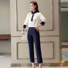Set: Contrast-trim Shirt + Slim-fit Pants