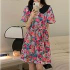 Short-sleeve Floral A-line Dress Floral - Dark Red & Light Pink & Blue - One Size