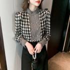 Long-sleeve Houndstooth Panel Chiffon Blouse