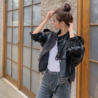 Plaid Faux-leather Biker Jacket