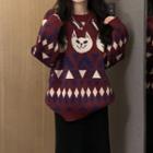 Long-sleeve Cat Printed Knit Sweater