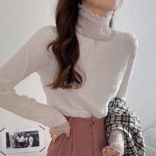 Long-sleeve Turtleneck Crinkle Chiffon Top