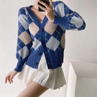 Puff-sleeve Argyle Cardigan