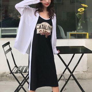 Set: Spaghetti-strap Print Dress + Long Sleeve Blouse