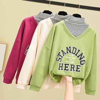 Mock Two Piece Mock Neck Letter Printed Striped Sweatshirt