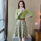 Set: 3/4-sleeve Knit Top + Plaid Midi A-line Skirt