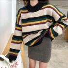 Striped Print Knit Sweater / Plain Slim-fit Knit Skirt