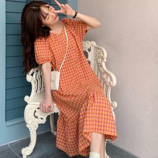 Plaid Short-sleeve Midi A-line Dress Plaid - Orange - One Size