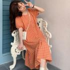 Plaid Short-sleeve Midi A-line Dress Plaid - Orange - One Size