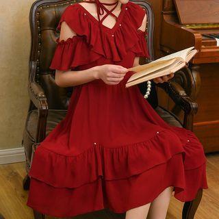 Short-sleeve Cold Shoulder Frill Trim A-line Dress