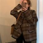 Double Breasted Striped Jacket Plaid - Coffee - One Size