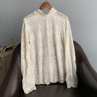 Long-sleeve Lace Top 538 - White - One Size