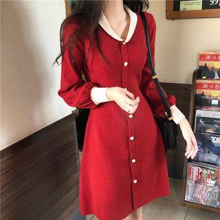 Contrast Trim Long-sleeve Buttoned Knit Dress