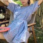 Floral Print Puff-sleeve Dress Blue - One Size
