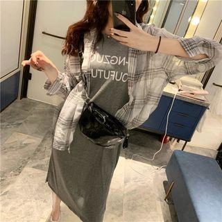 Lettering Split Tank Dress / Plaid Shirt