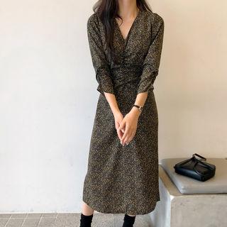 V-neck Shirred Floral Print Midi Dress