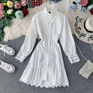 Long-sleeve Paneled A-line Shirt Dress White - One Size