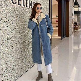 Faux-shearling Denim Long Jacket Dark Blue - One Size