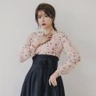 Hanbok Peplum Top (floral / Pink) + Skirt (maxi / Navy Blue)