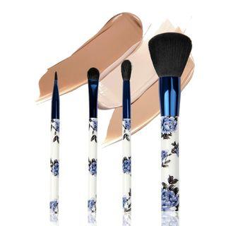Set Of 4: Floral Print Handle Makeup Brush Blue & White - One Size