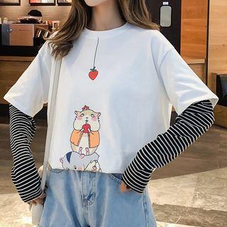 Long-sleeve Striped Mock Two-piece Printed T-shirt