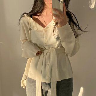 Long-sleeve Plain Tie-waist Cardigan