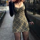 Spaghetti-strap Plaid Mini Bodycon Dress