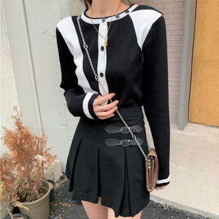 Two Tone Long Sleeve Button-up Knit Shirt Black & White - One Size