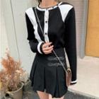 Two Tone Long Sleeve Button-up Knit Shirt Black & White - One Size