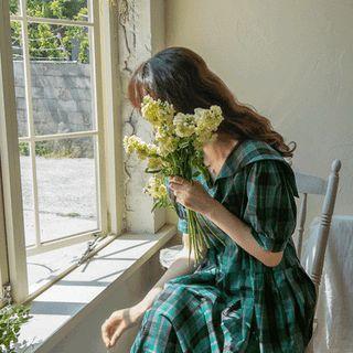 Sailor-collar Pleated Maxi Plaid Dress