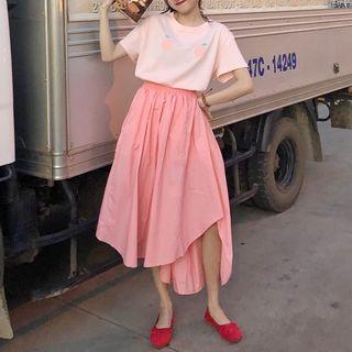 Short-sleeve Fruit Print T-shirt / Asymmetric A-line Midi Skirt