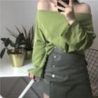 Long-sleeve Top / Faux Leather Mini Pencil Skirt