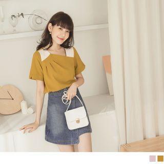 Asymmetric Neckline Color Block Short Sleeve Top