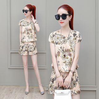 Set: Flower Print Cap-sleeve Top + Shorts