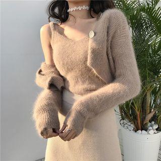 Set: Plain Camisole Top + Cropped Cardigan Camisole Top - Khaki - One Size / Cardigan - Khaki - One Size