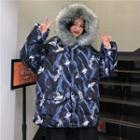 Faux-fur Hooded Printed Zipped Jacket
