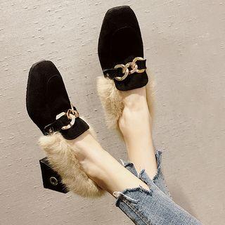 Buckled Faux Fur Cuff Block Heel Mules
