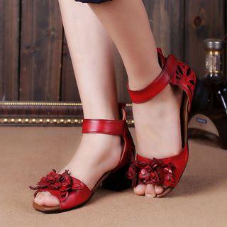Genuine Leather Floral Ankle Strap Sandals