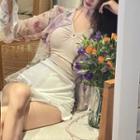 Long-sleeve Flower Print Sheer Top / Plain Halter Top / Plain Slim-fit Skort