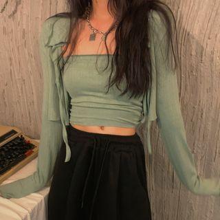 Set: Tube Top + Long-sleeve Cropped Tie-front Cardigan As Shown In Figure - One Size